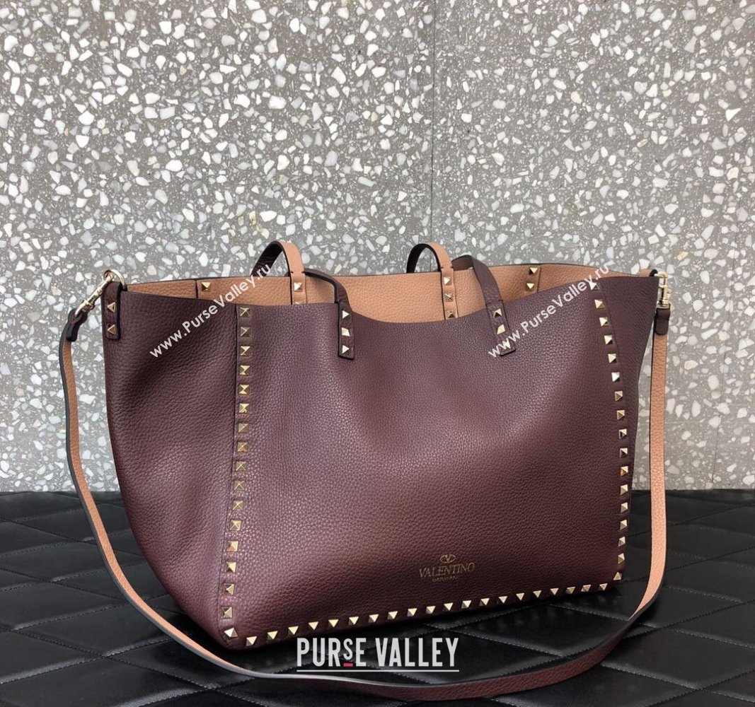 Valentino Rockstud Grainy Calfskin Reversible Tote Bag Burgundy/Nude 2024 0077 (LN-240313027)