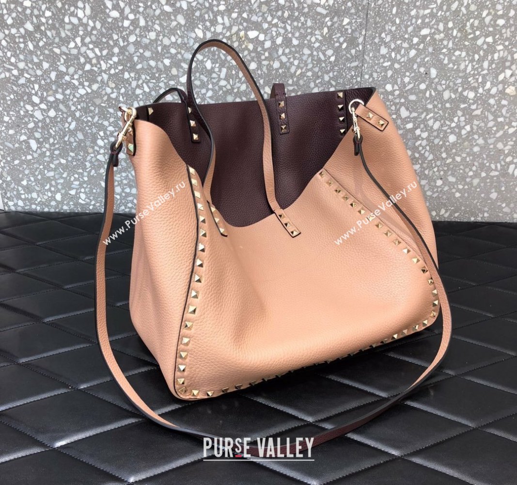 Valentino Rockstud Grainy Calfskin Reversible Tote Bag Burgundy/Nude 2024 0077 (LN-240313027)