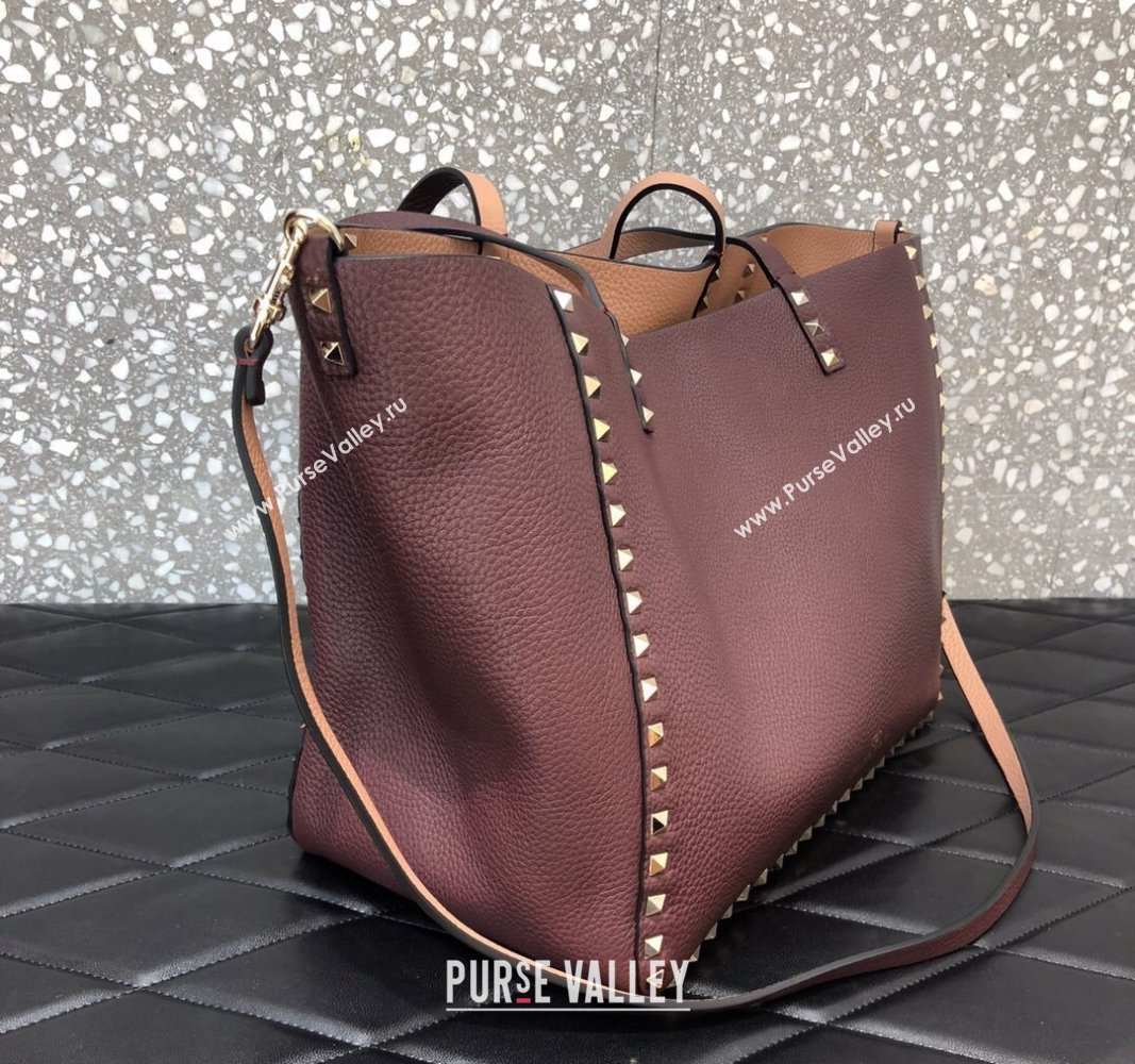 Valentino Rockstud Grainy Calfskin Reversible Tote Bag Burgundy/Nude 2024 0077 (LN-240313027)