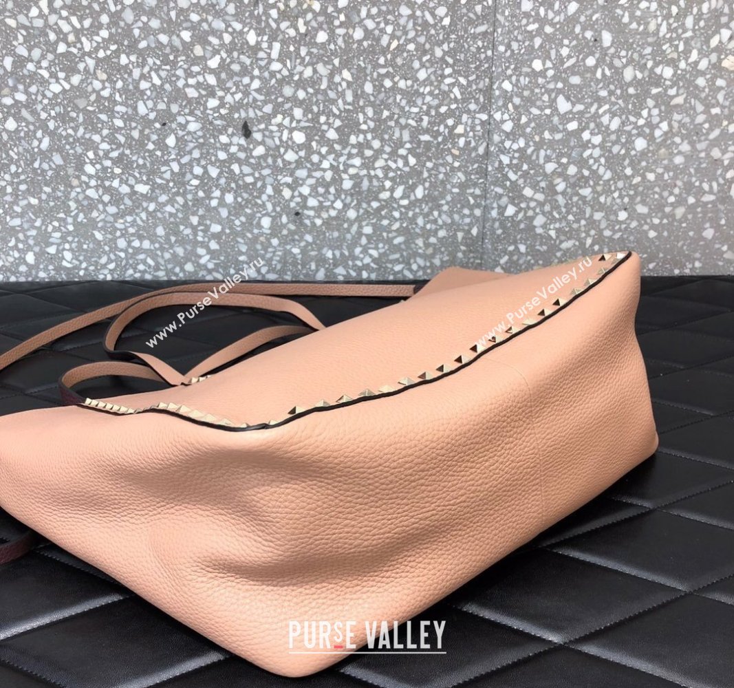 Valentino Rockstud Grainy Calfskin Reversible Tote Bag Burgundy/Nude 2024 0077 (LN-240313027)
