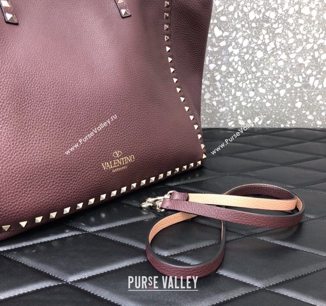 Valentino Rockstud Grainy Calfskin Reversible Tote Bag Burgundy/Nude 2024 0077 (LN-240313027)