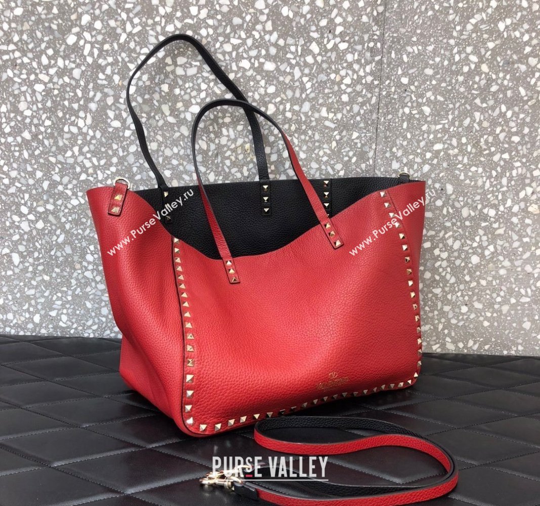 Valentino Rockstud Grainy Calfskin Reversible Tote Bag Red/Black 2024 0077 (LN-240313028)