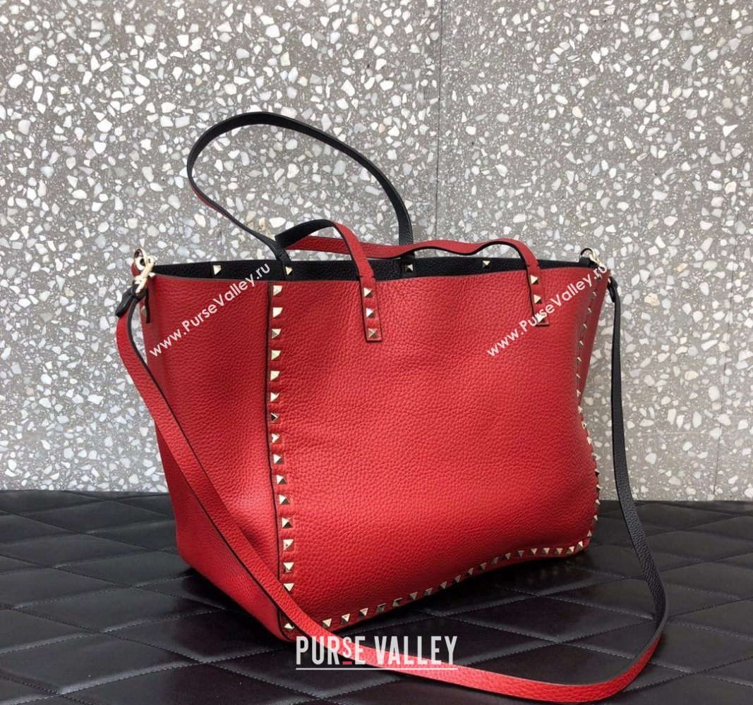 Valentino Rockstud Grainy Calfskin Reversible Tote Bag Red/Black 2024 0077 (LN-240313028)