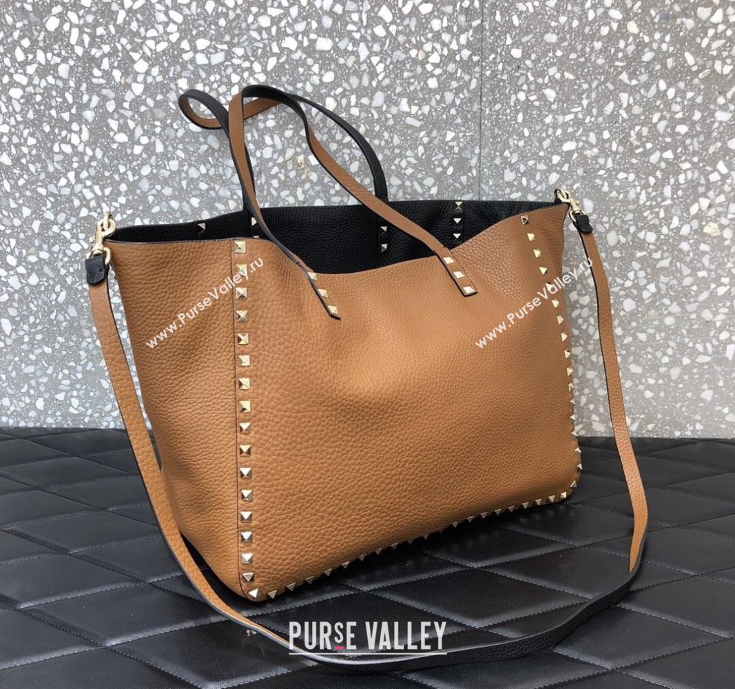 Valentino Rockstud Grainy Calfskin Reversible Tote Bag Brown/Black 2024 0077 (LN-240313029)