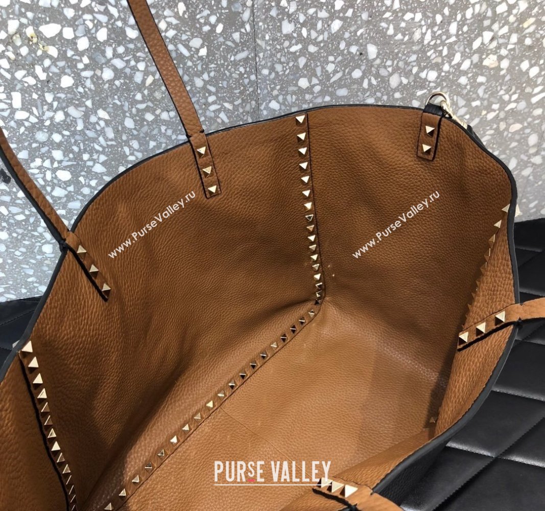 Valentino Rockstud Grainy Calfskin Reversible Tote Bag Brown/Black 2024 0077 (LN-240313029)