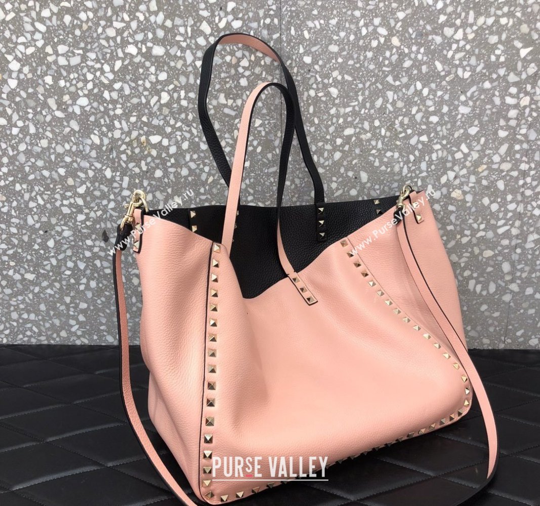 Valentino Rockstud Grainy Calfskin Reversible Tote Bag Pink/Black 2024 0077 (LN-240313030)