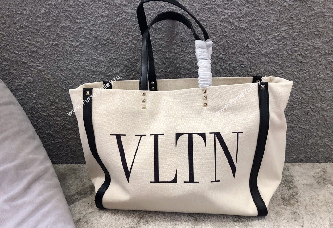 Valentino Small VLTN Print Canvas Tote Bag White/Black 2024 0978 (JD-240313031)