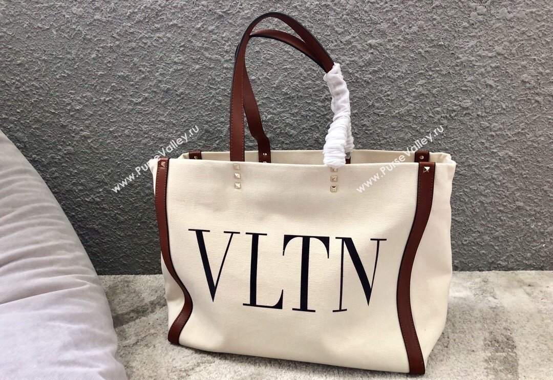 Valentino Small VLTN Print Canvas Tote Bag White/Brown 2024 0978 (JD-240313032)