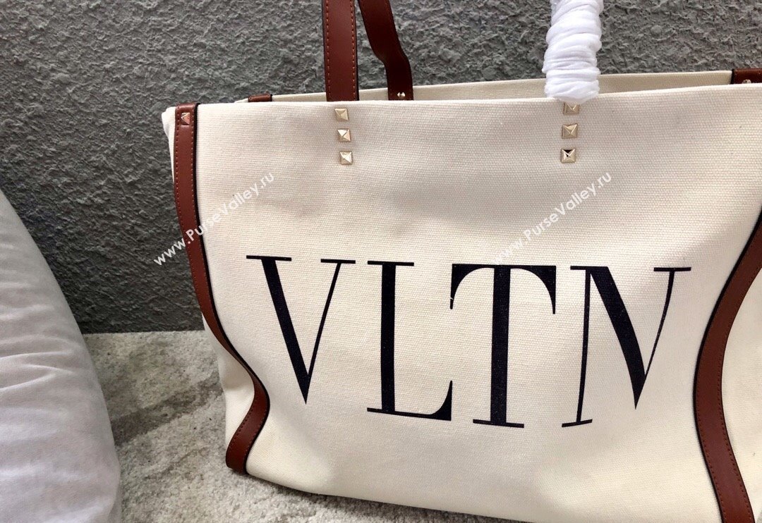 Valentino Small VLTN Print Canvas Tote Bag White/Brown 2024 0978 (JD-240313032)