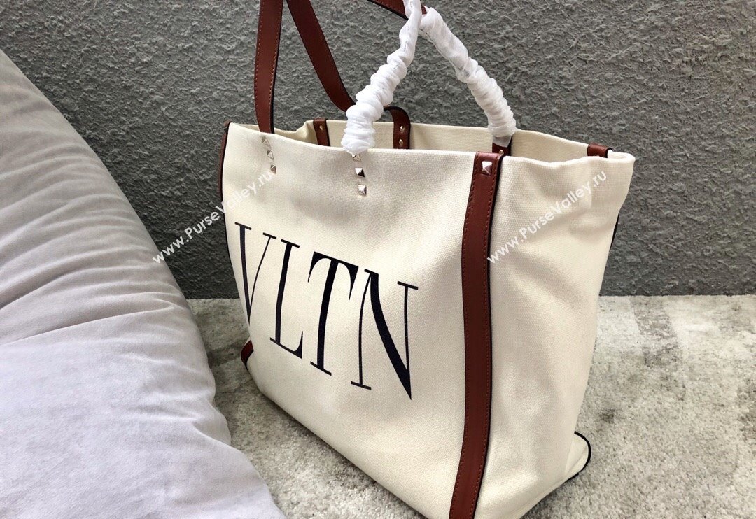 Valentino Small VLTN Print Canvas Tote Bag White/Brown 2024 0978 (JD-240313032)