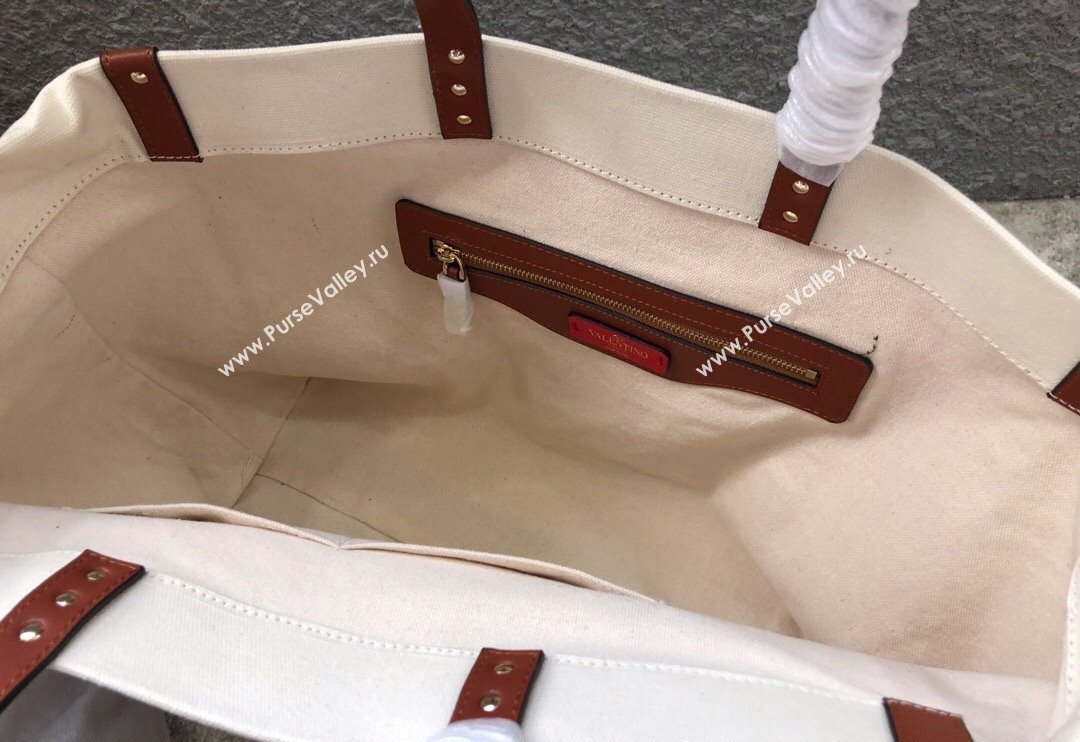 Valentino Small VLTN Print Canvas Tote Bag White/Brown 2024 0978 (JD-240313032)