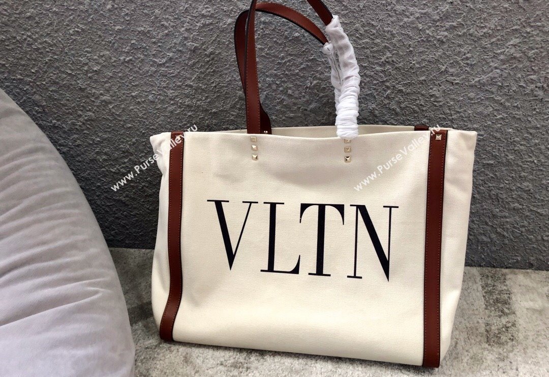 Valentino Small VLTN Print Canvas Tote Bag White/Brown 2024 0978 (JD-240313032)