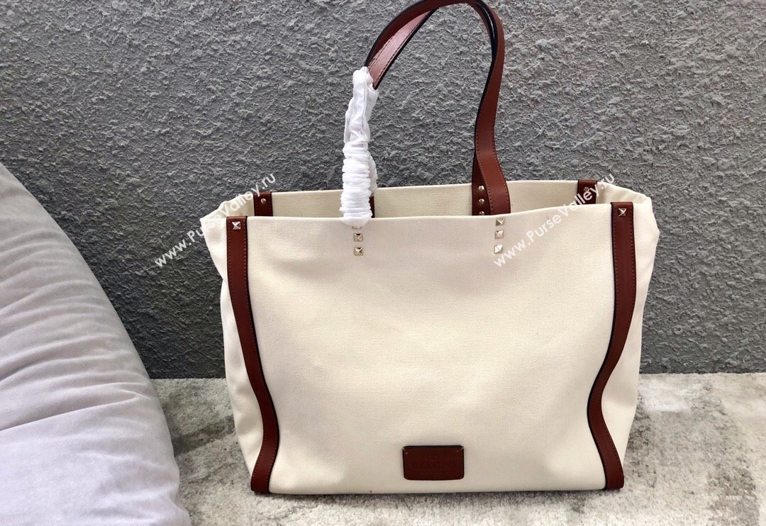 Valentino Small VLTN Print Canvas Tote Bag White/Brown 2024 0978 (JD-240313032)