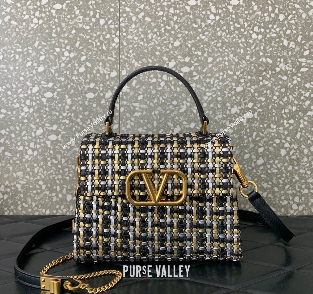 Valentino Small VSling Handbag in Woven Leather 0067 Black/Silver/Gold 2024 (LN-240313014)