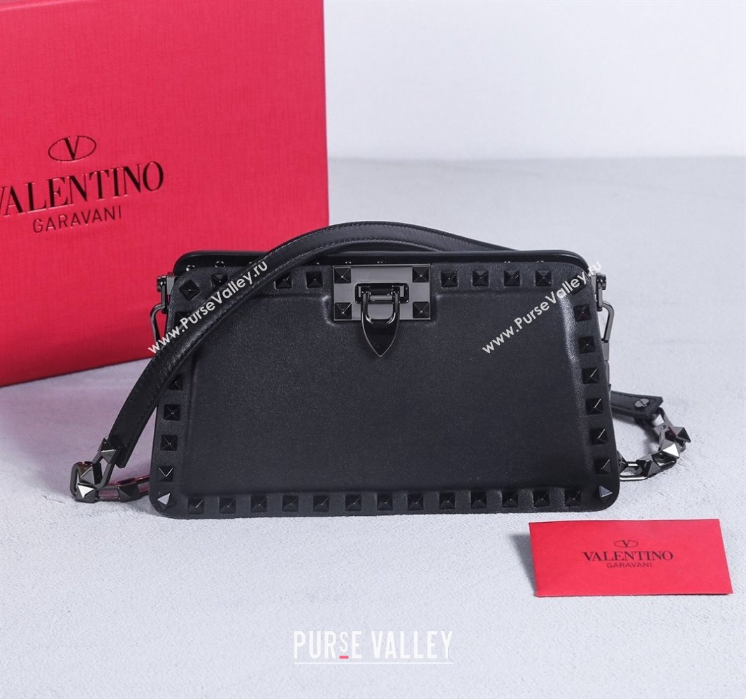 Valentino Rockstud Calfskin Clutch with Strap Black/Gunmetal 2024 22053S (BGJ-240313034)