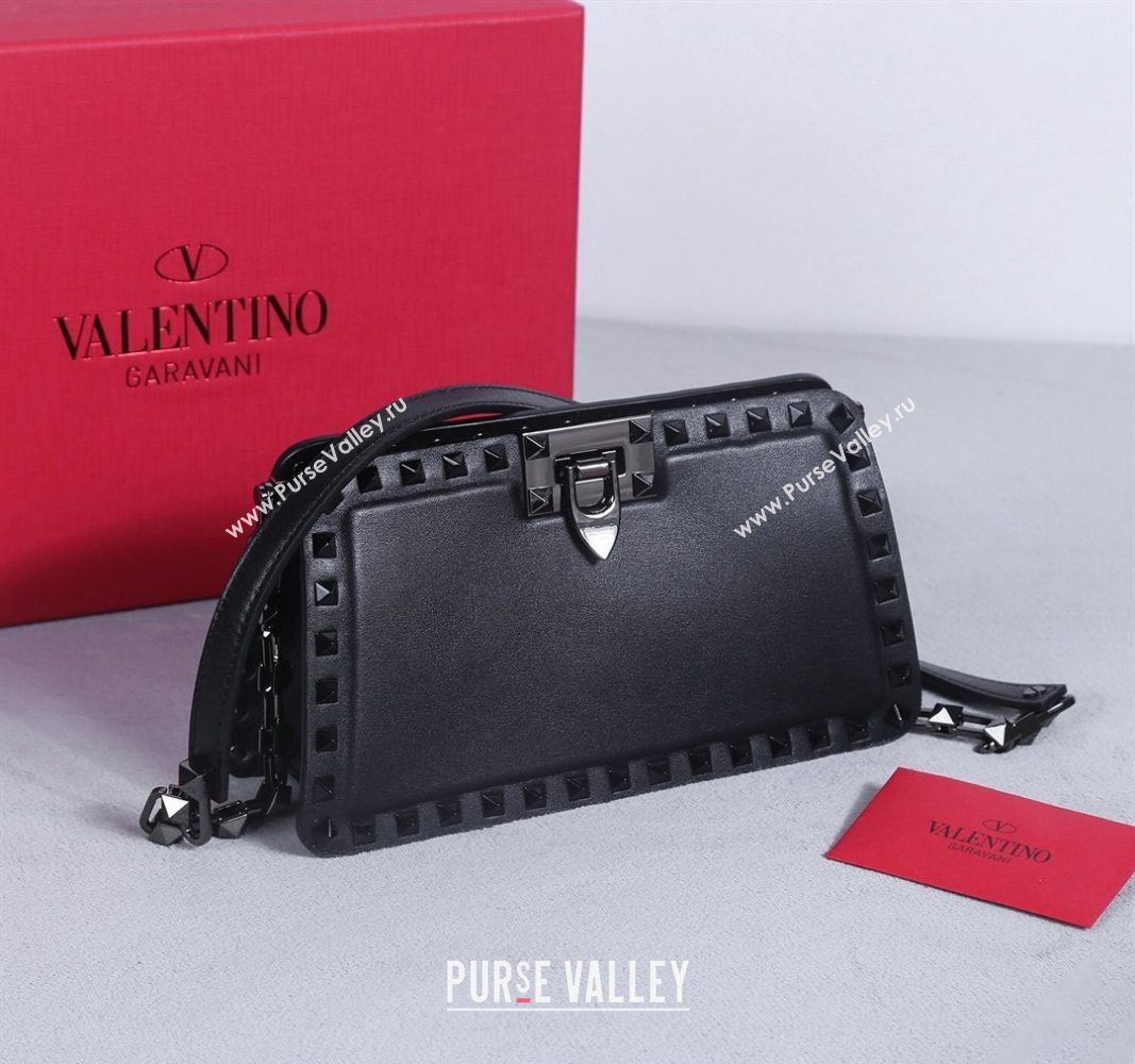 Valentino Rockstud Calfskin Clutch with Strap Black/Gunmetal 2024 22053S (BGJ-240313034)