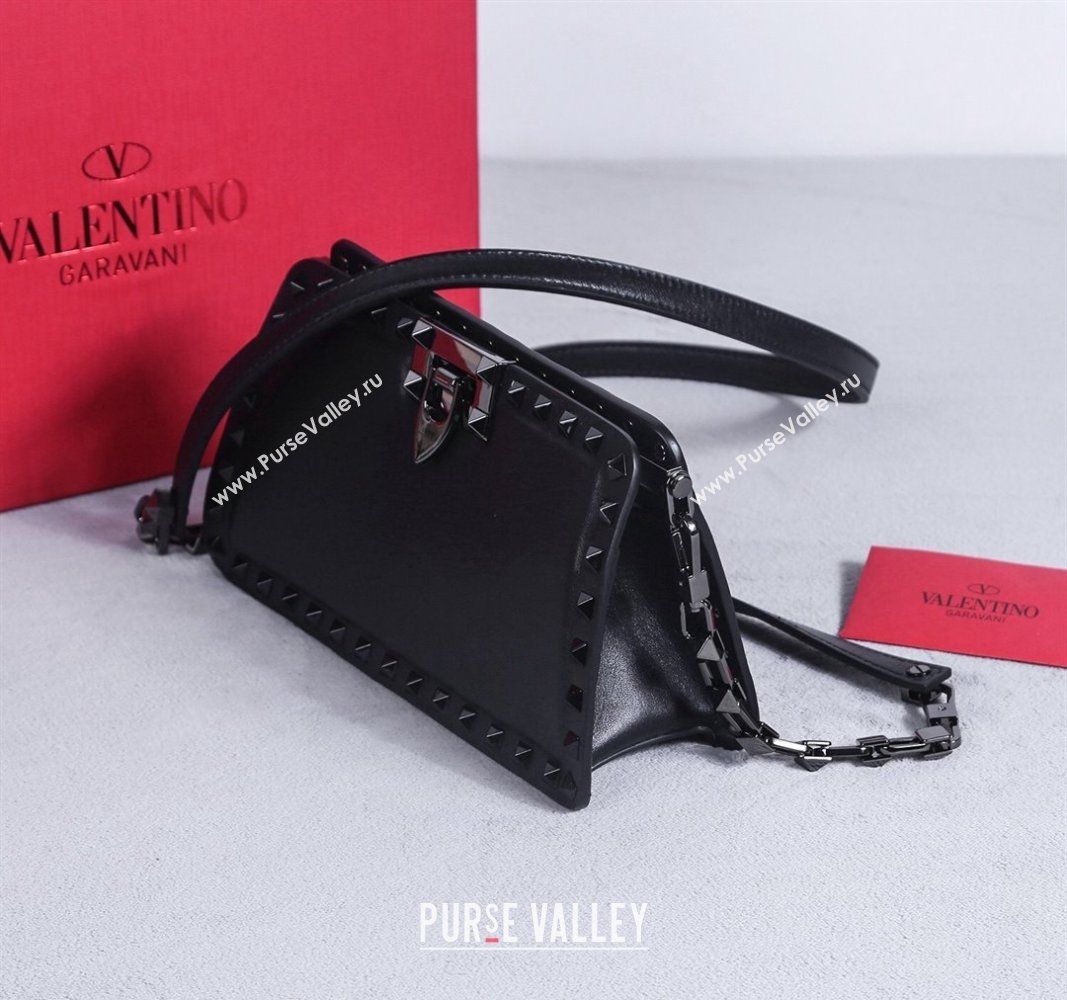 Valentino Rockstud Calfskin Clutch with Strap Black/Gunmetal 2024 22053S (BGJ-240313034)