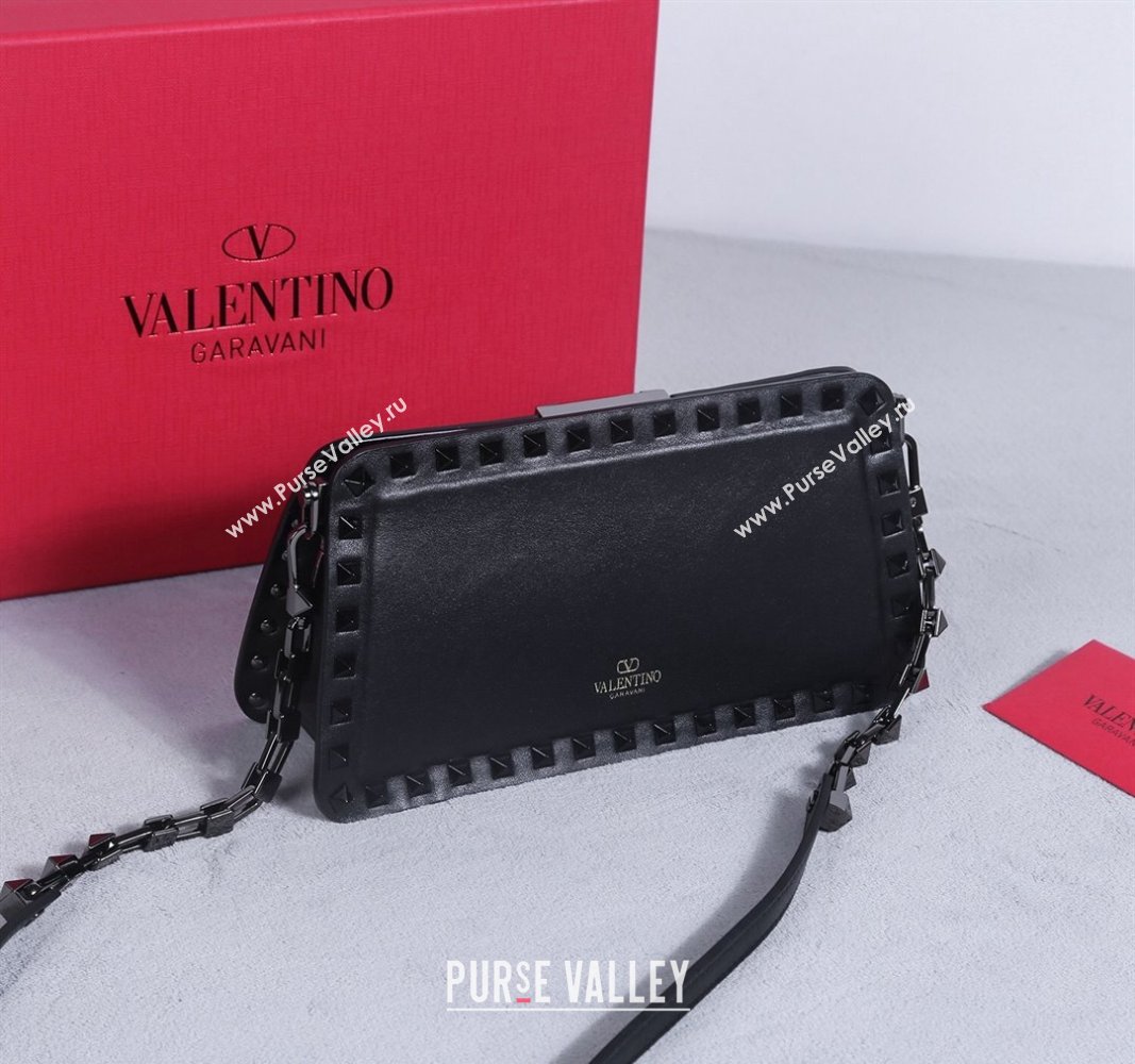 Valentino Rockstud Calfskin Clutch with Strap Black/Gunmetal 2024 22053S (BGJ-240313034)
