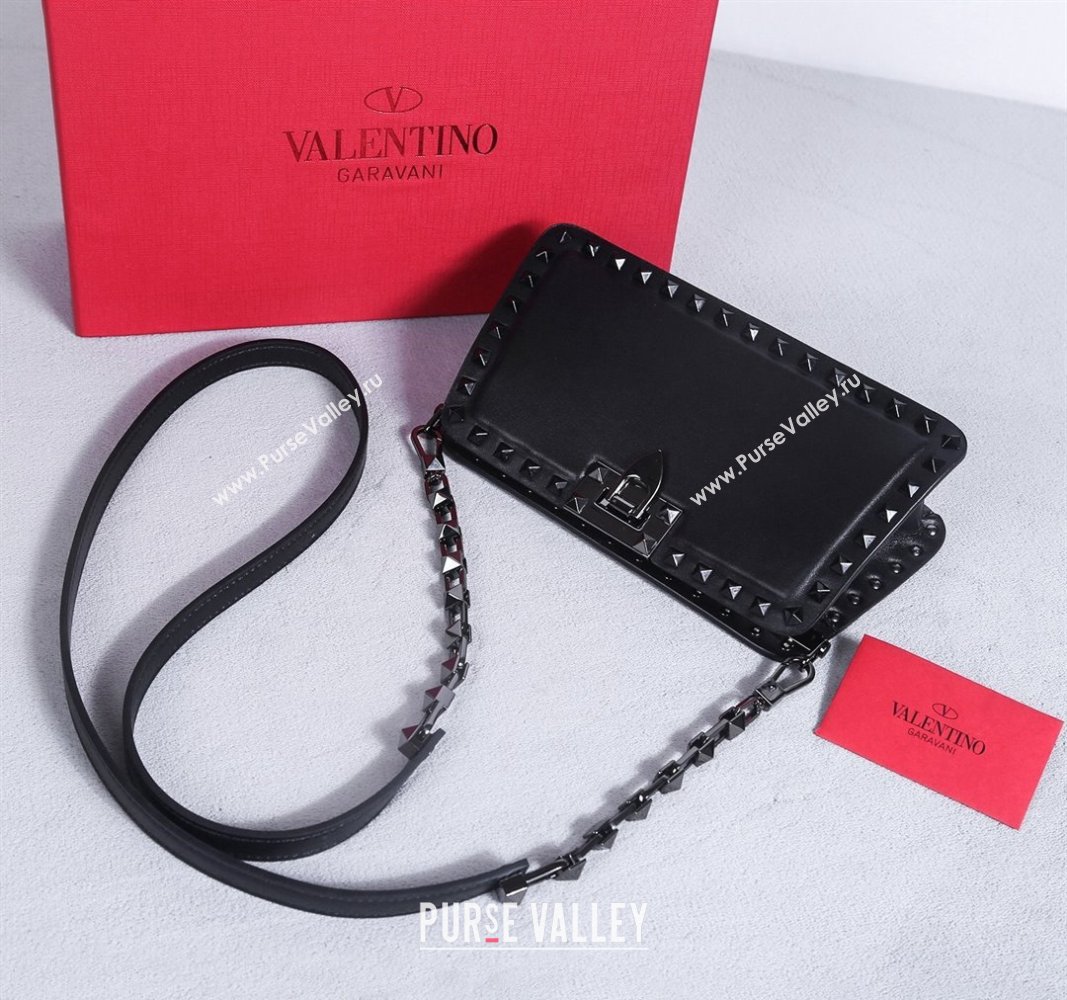 Valentino Rockstud Calfskin Clutch with Strap Black/Gunmetal 2024 22053S (BGJ-240313034)