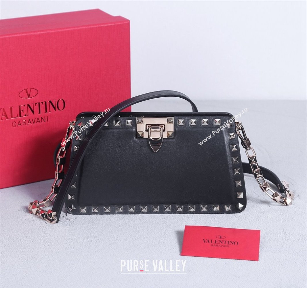 Valentino Rockstud Calfskin Clutch with Strap Black/Gold 2024 22053S (BGJ-240313036)