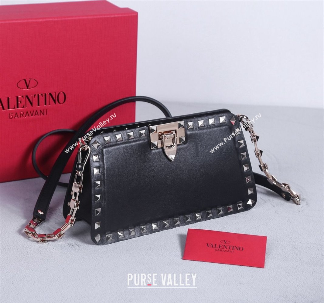 Valentino Rockstud Calfskin Clutch with Strap Black/Gold 2024 22053S (BGJ-240313036)