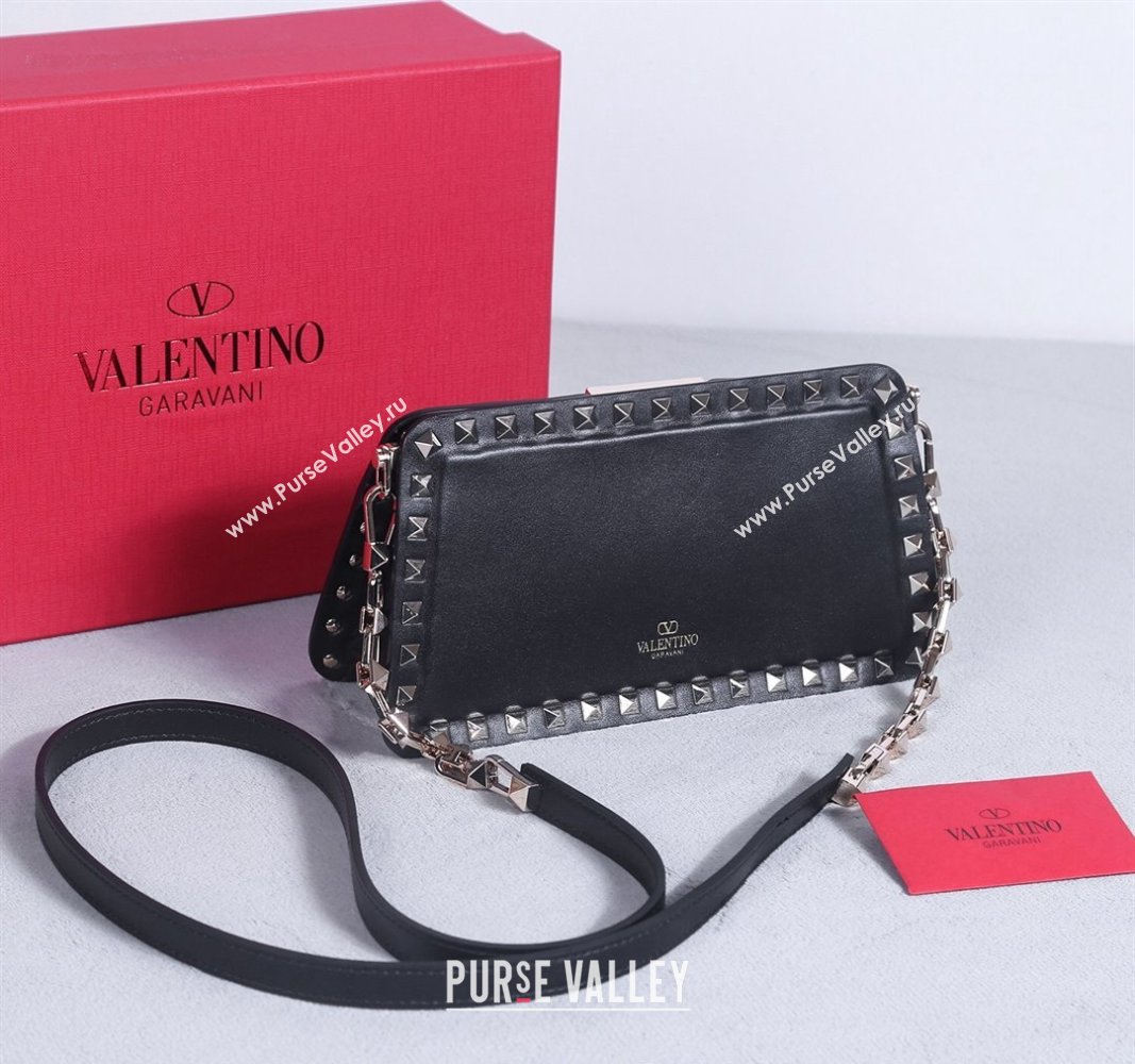 Valentino Rockstud Calfskin Clutch with Strap Black/Gold 2024 22053S (BGJ-240313036)