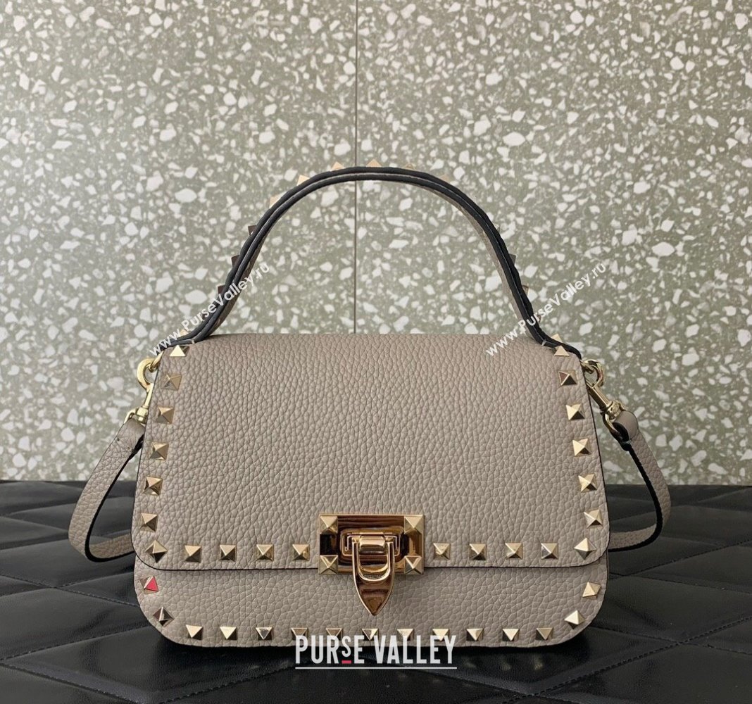 Valentino Rockstud Grainy Calfskin Mini Top Handle Bag Grey 2024 0345 (LN-240313016)