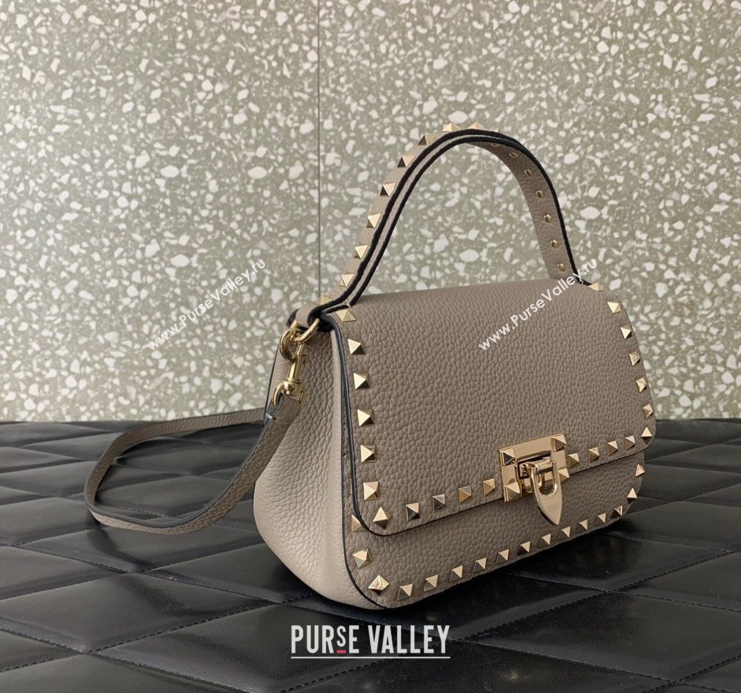 Valentino Rockstud Grainy Calfskin Mini Top Handle Bag Grey 2024 0345 (LN-240313016)