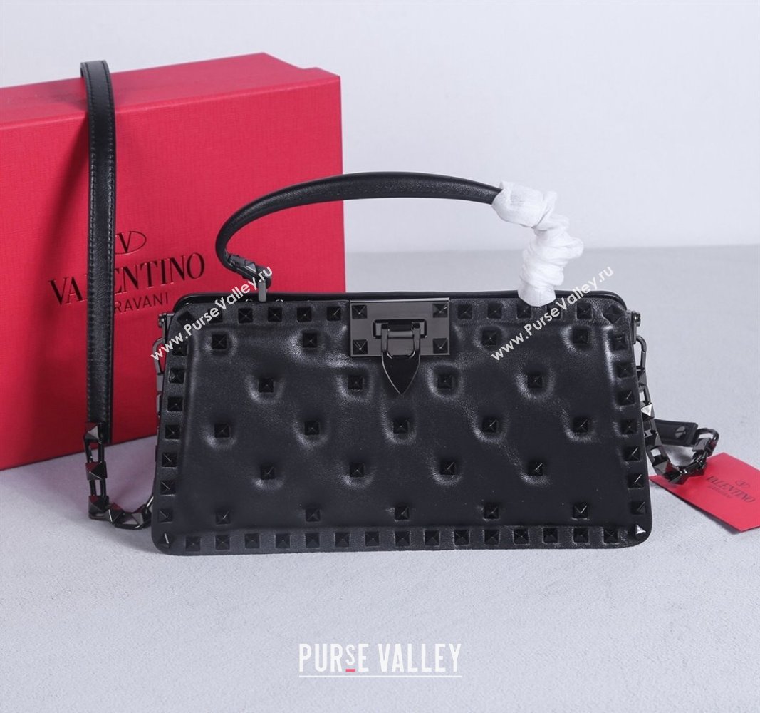 Valentino Rockstud Padded Nappa Leather Top Handle Bag Black/Gunmetal 2024 22053L (BGJ-240313040)