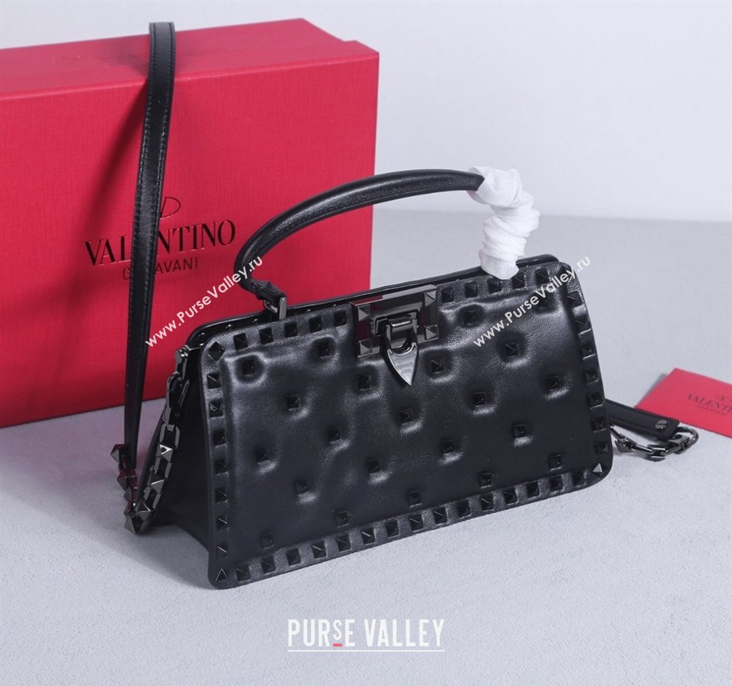 Valentino Rockstud Padded Nappa Leather Top Handle Bag Black/Gunmetal 2024 22053L (BGJ-240313040)
