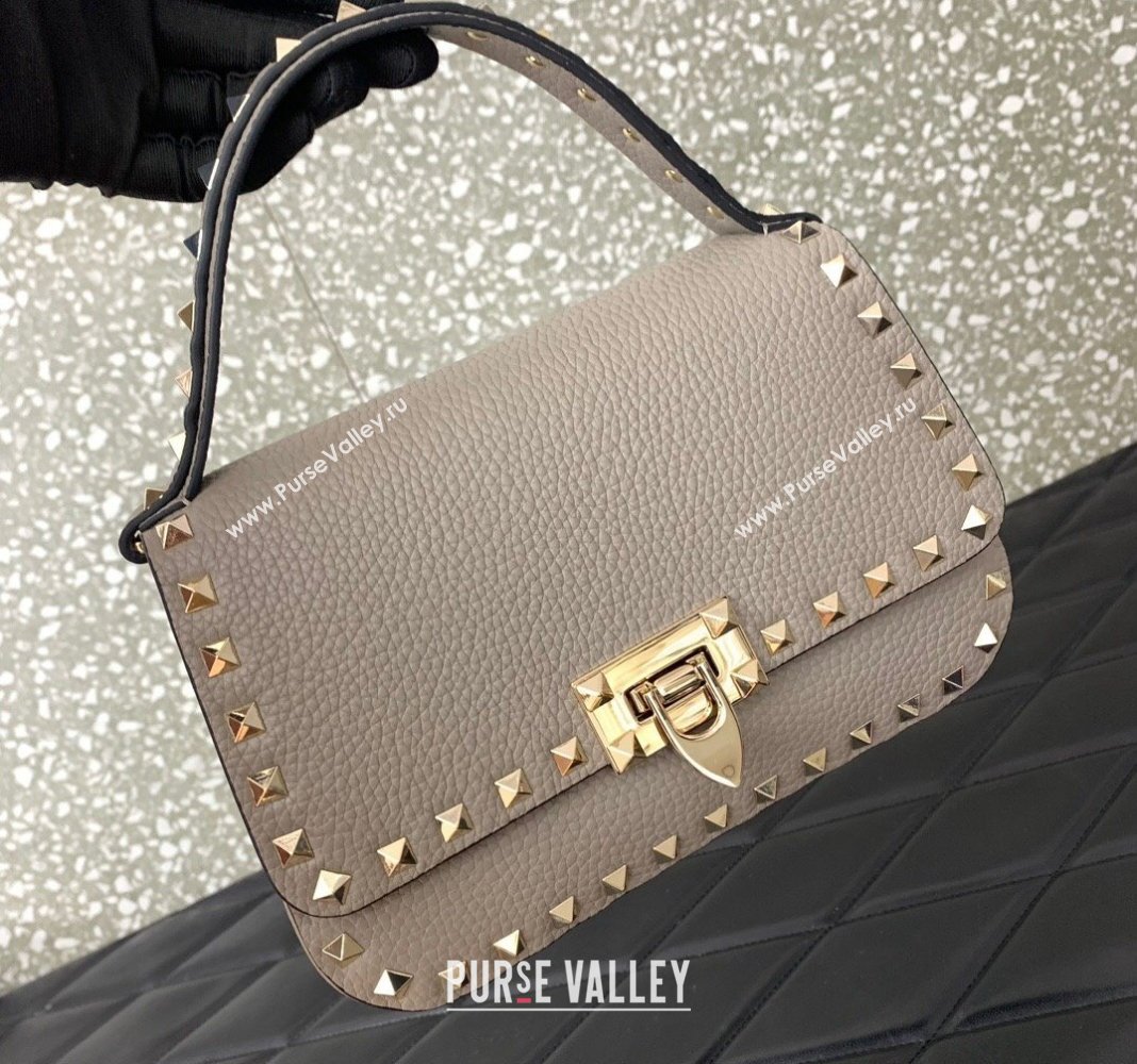 Valentino Rockstud Grainy Calfskin Mini Top Handle Bag Grey 2024 0345 (LN-240313016)