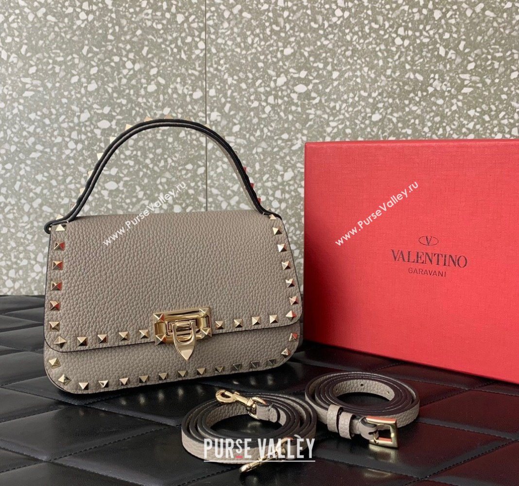 Valentino Rockstud Grainy Calfskin Mini Top Handle Bag Grey 2024 0345 (LN-240313016)