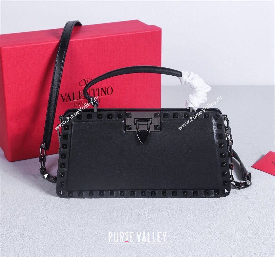 Valentino Rockstud Calfskin Top Handle Bag Black/Gunmetal 2024 22053L (BGJ-240313043)