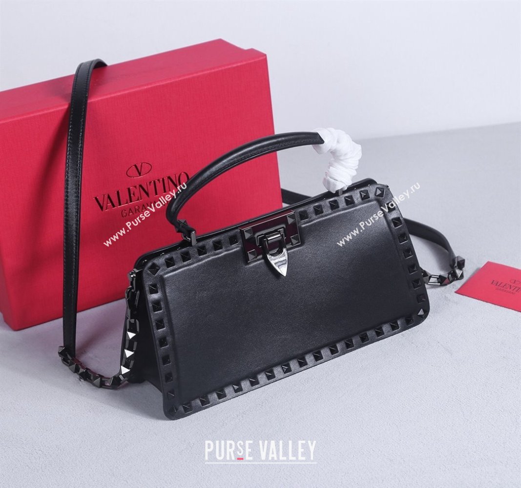 Valentino Rockstud Calfskin Top Handle Bag Black/Gunmetal 2024 22053L (BGJ-240313043)