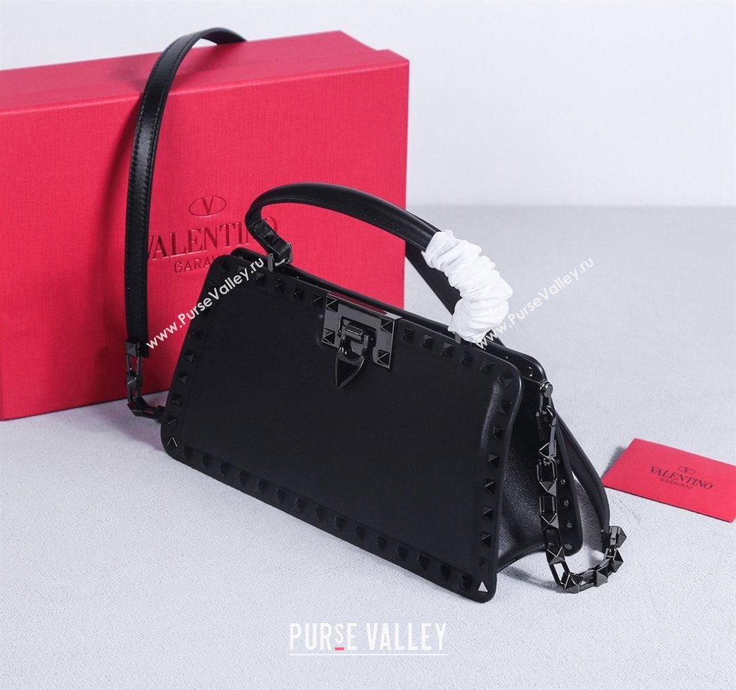 Valentino Rockstud Calfskin Top Handle Bag Black/Gunmetal 2024 22053L (BGJ-240313043)