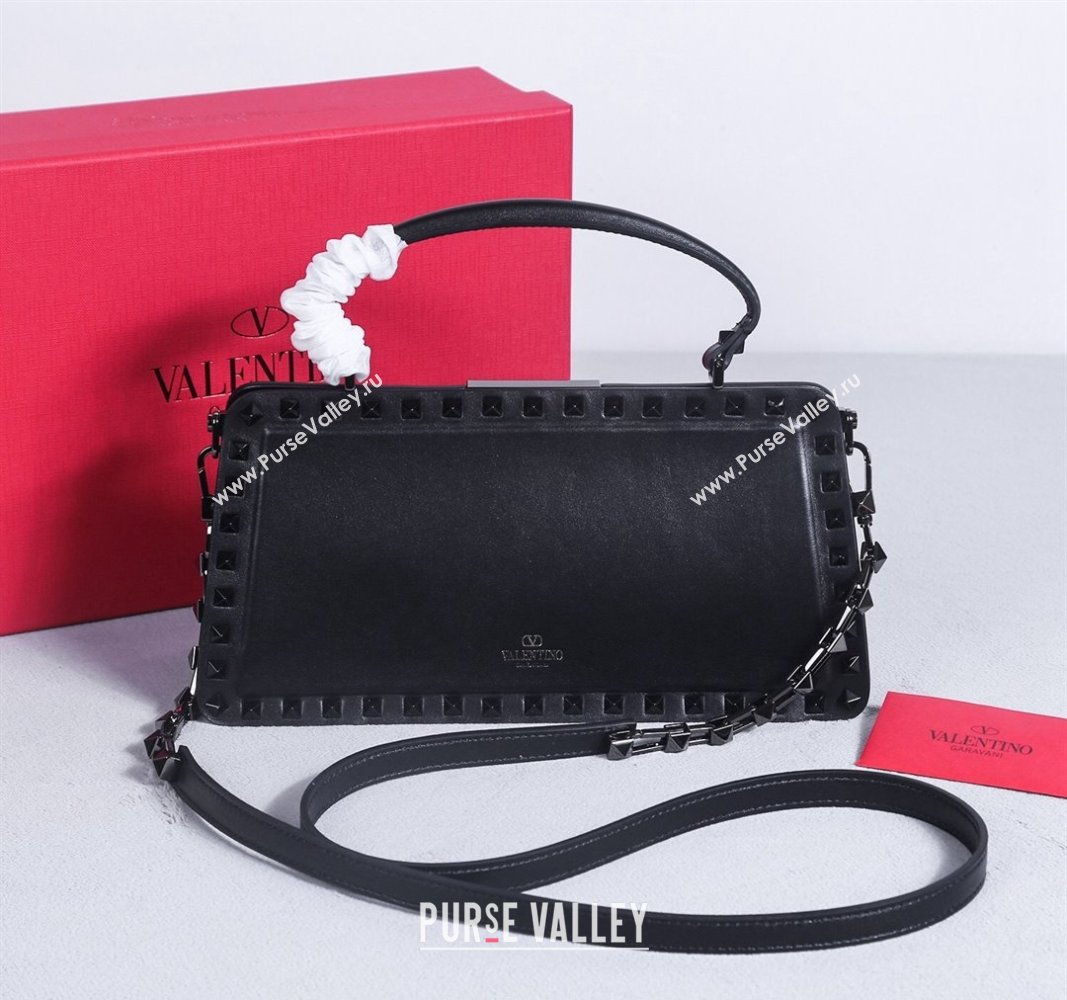 Valentino Rockstud Calfskin Top Handle Bag Black/Gunmetal 2024 22053L (BGJ-240313043)