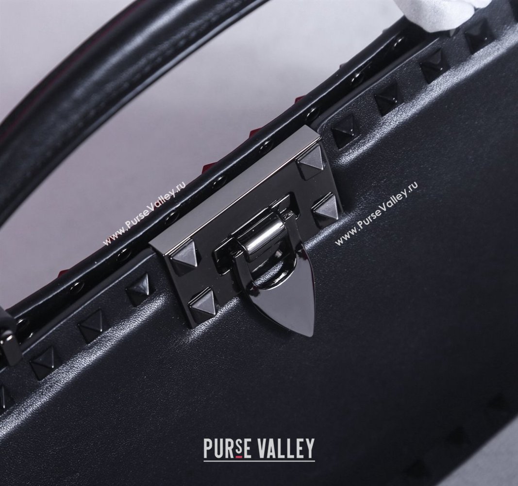 Valentino Rockstud Calfskin Top Handle Bag Black/Gunmetal 2024 22053L (BGJ-240313043)