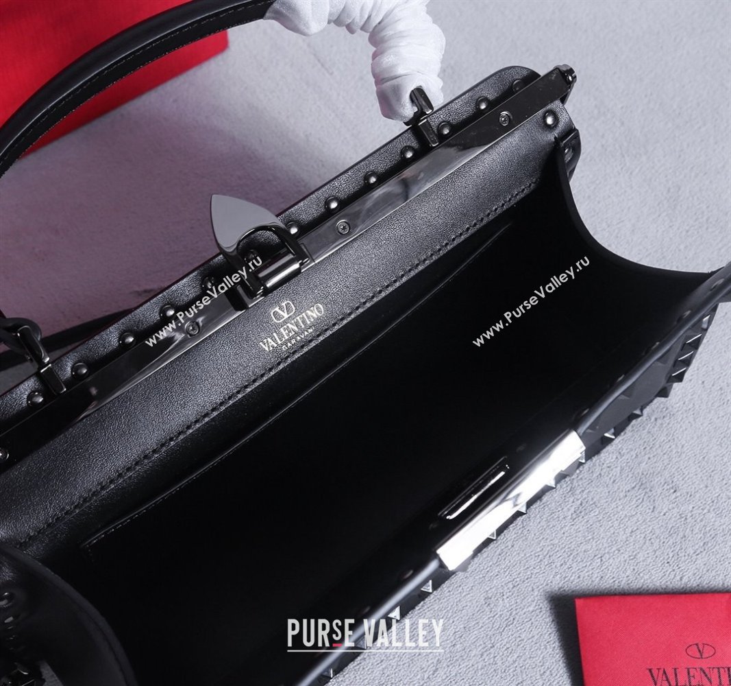 Valentino Rockstud Calfskin Top Handle Bag Black/Gunmetal 2024 22053L (BGJ-240313043)