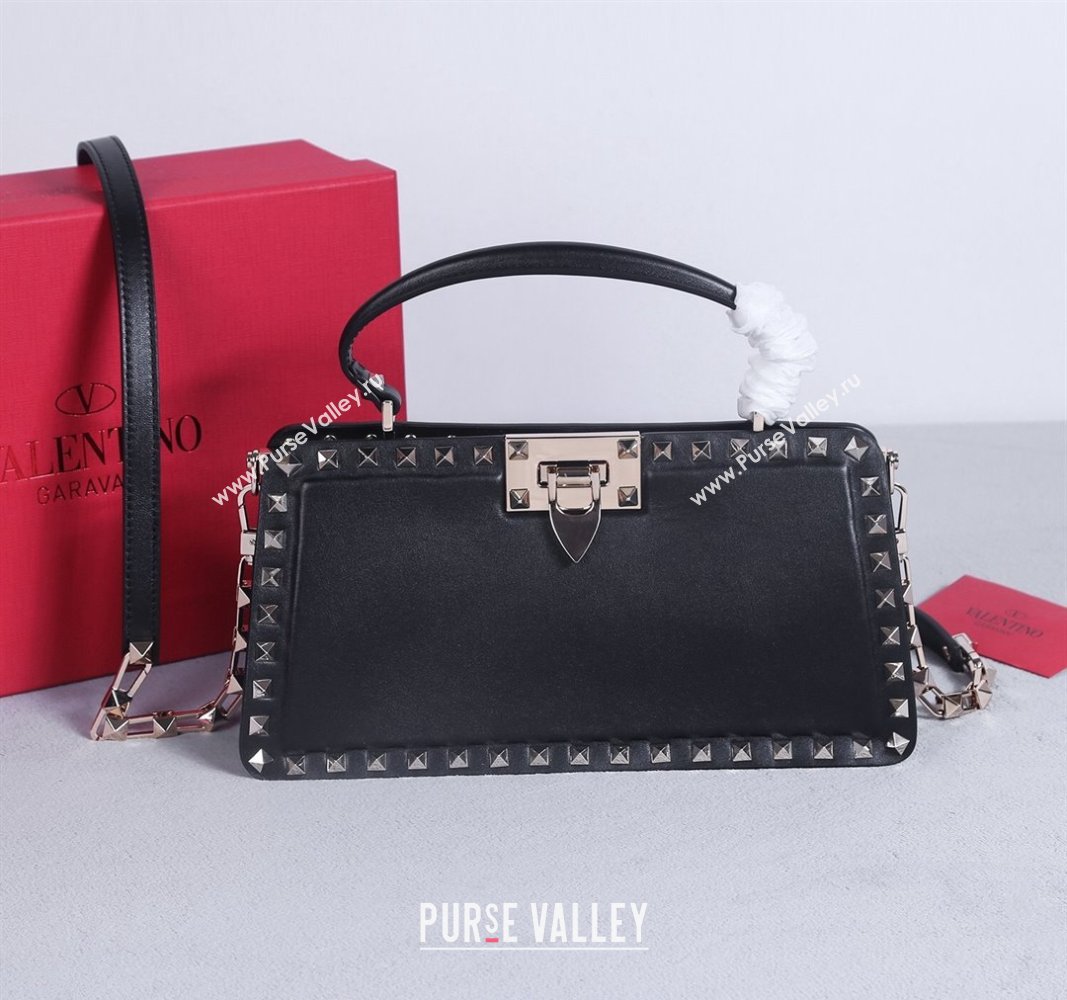 Valentino Rockstud Calfskin Top Handle Bag Black/Gold 2024 22053L (BGJ-240313046)