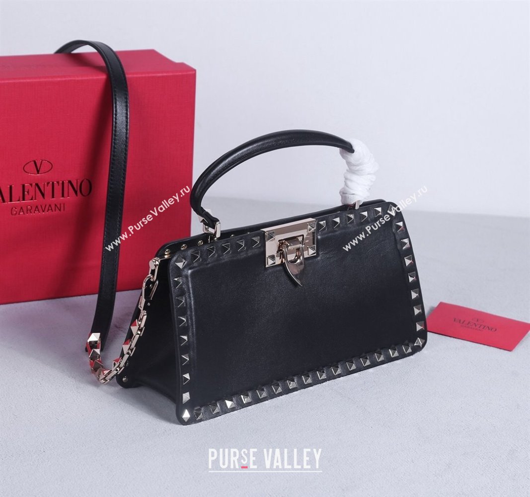 Valentino Rockstud Calfskin Top Handle Bag Black/Gold 2024 22053L (BGJ-240313046)