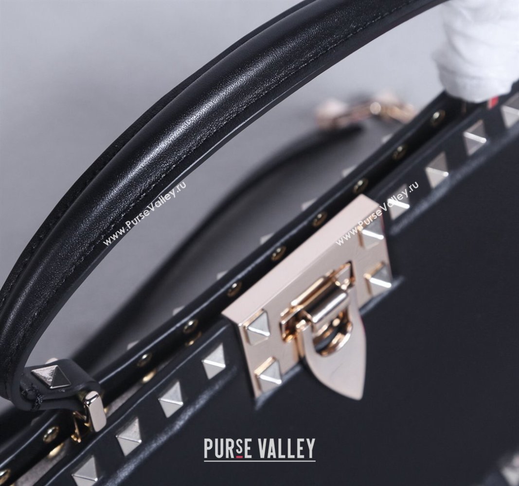Valentino Rockstud Calfskin Top Handle Bag Black/Gold 2024 22053L (BGJ-240313046)