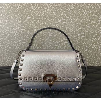 Valentino Rockstud Grainy Calfskin Mini Top Handle Bag Silver 2024 0345 (LN-240313017)