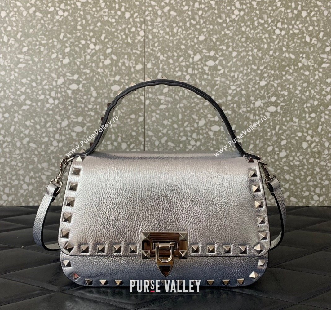 Valentino Rockstud Grainy Calfskin Mini Top Handle Bag Silver 2024 0345 (LN-240313017)