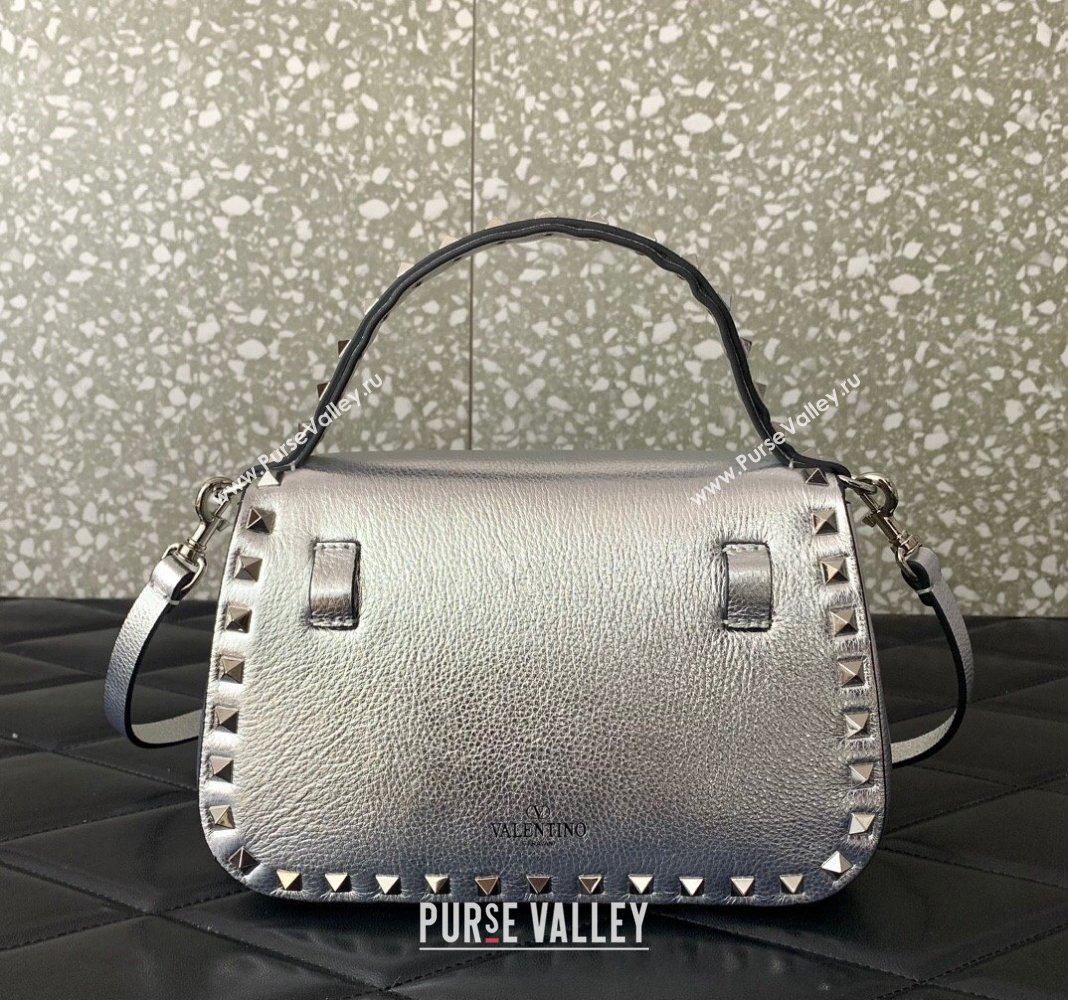 Valentino Rockstud Grainy Calfskin Mini Top Handle Bag Silver 2024 0345 (LN-240313017)