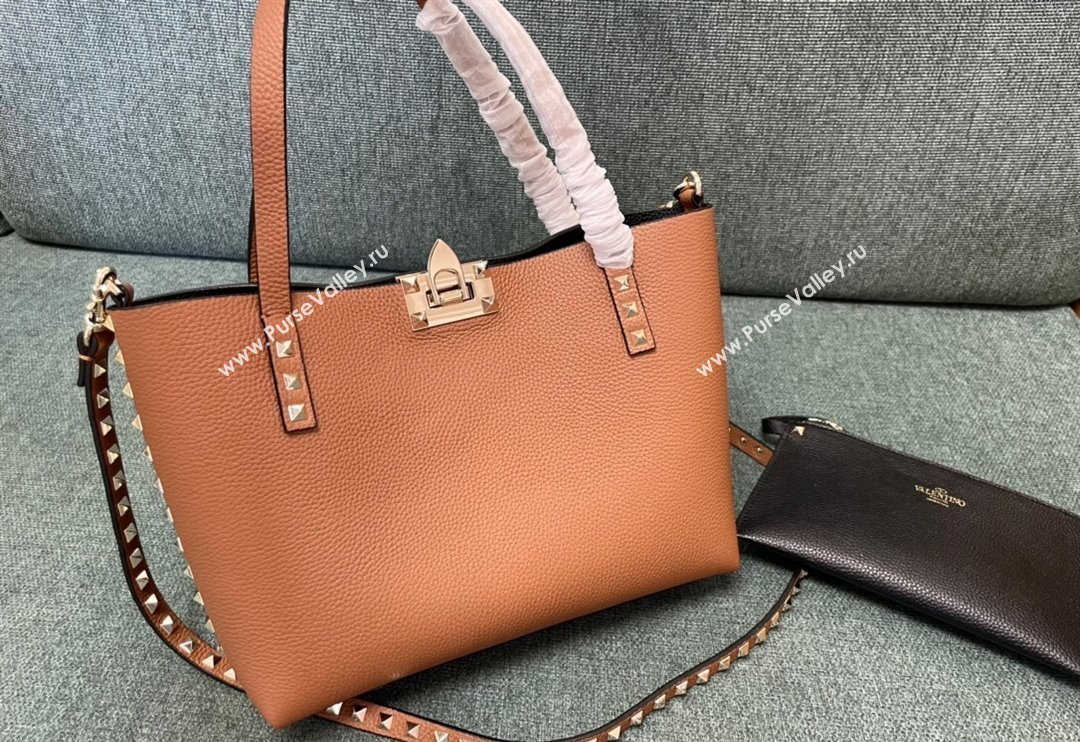 Valentino Rockstud Grainy Calfskin Small Tote Bag with Contrasting Lining Brown/Black 2024 0001 (JD-240313049)