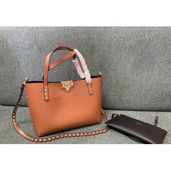 Valentino Rockstud Grainy Calfskin Small Tote Bag with Contrasting Lining Brown/Black 2024 0001 (JD-240313049)
