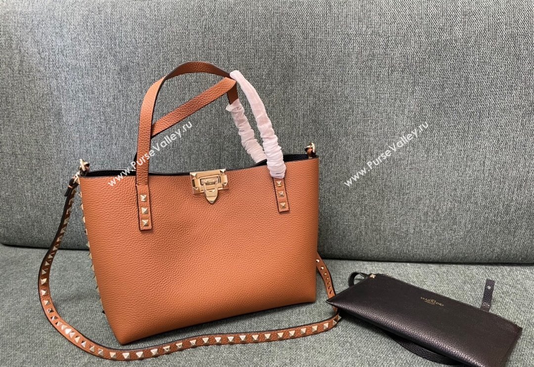 Valentino Rockstud Grainy Calfskin Small Tote Bag with Contrasting Lining Brown/Black 2024 0001 (JD-240313049)