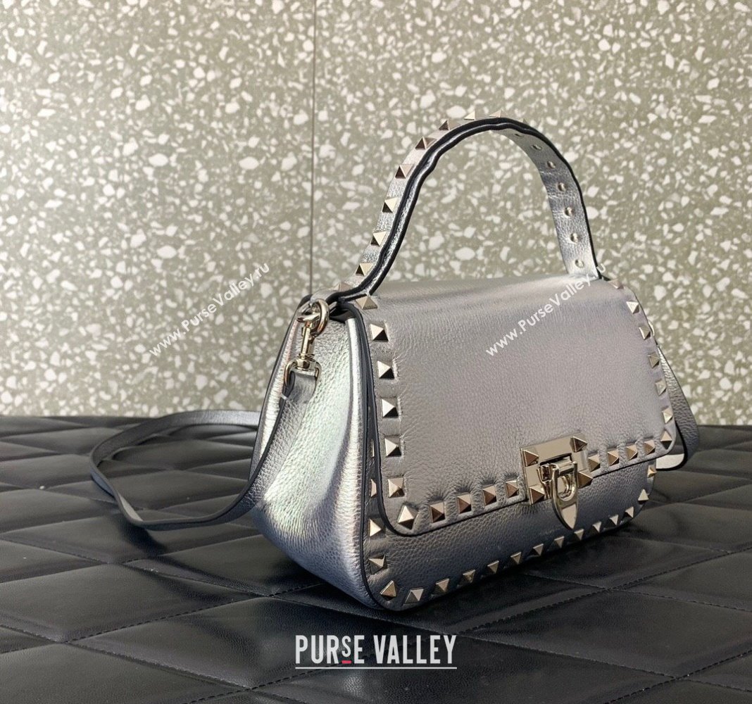 Valentino Rockstud Grainy Calfskin Mini Top Handle Bag Silver 2024 0345 (LN-240313017)