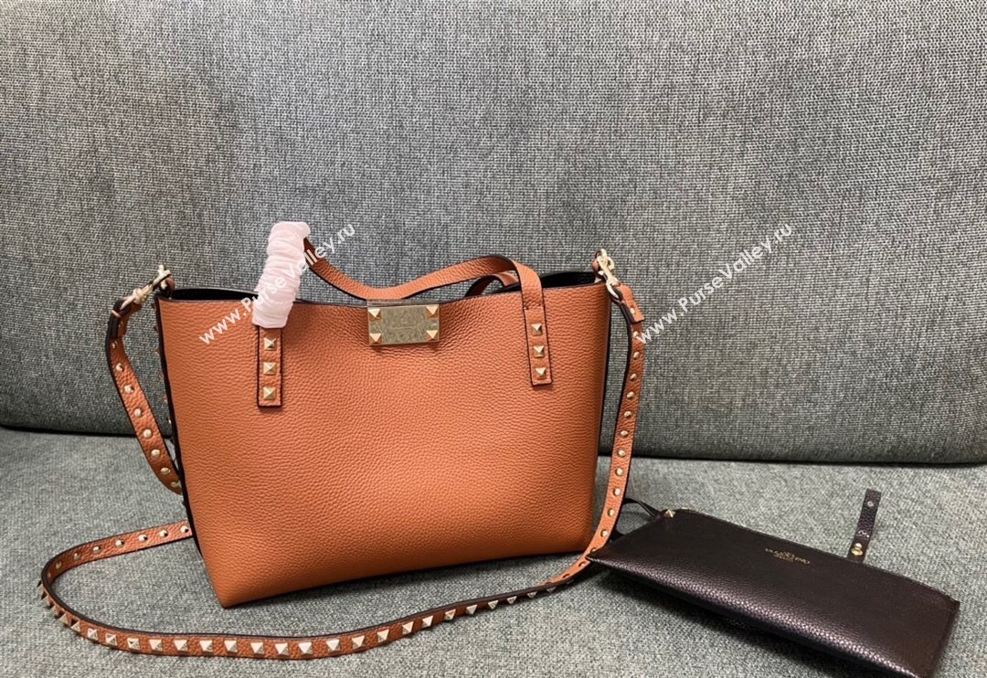 Valentino Rockstud Grainy Calfskin Small Tote Bag with Contrasting Lining Brown/Black 2024 0001 (JD-240313049)