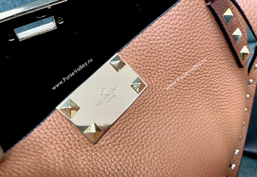 Valentino Rockstud Grainy Calfskin Small Tote Bag with Contrasting Lining Brown/Black 2024 0001 (JD-240313049)